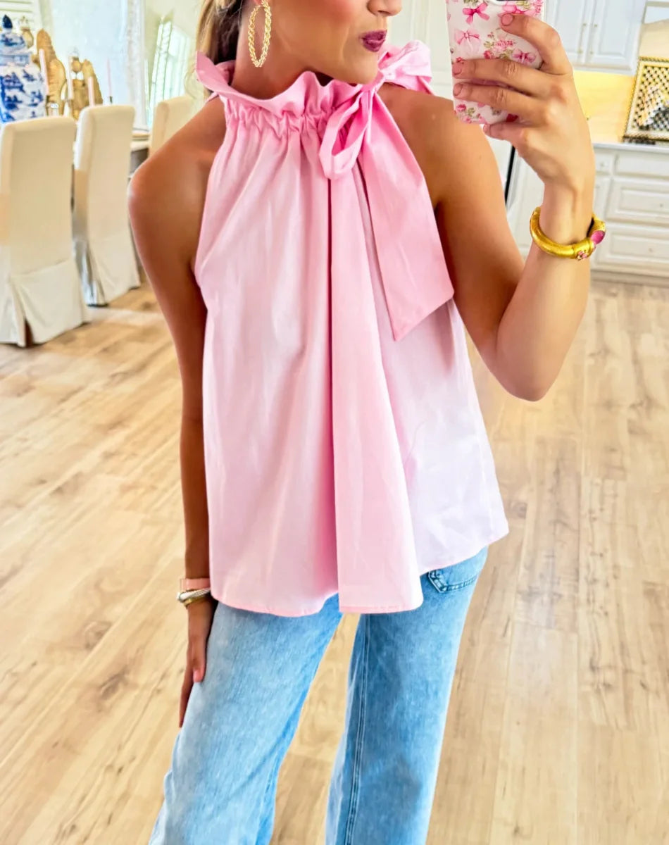 Ruffle Neck Tie Sleeveless Top