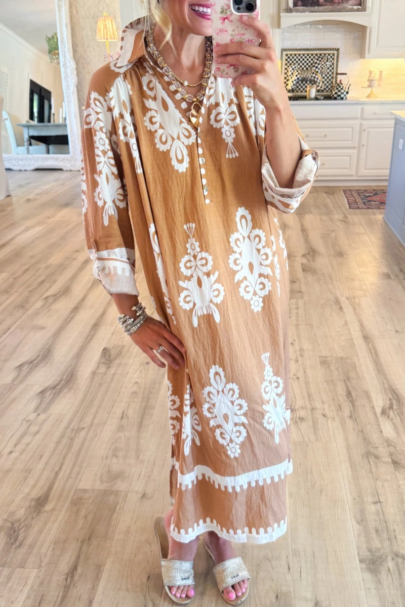 Mocha Abstract Print Midi Dress