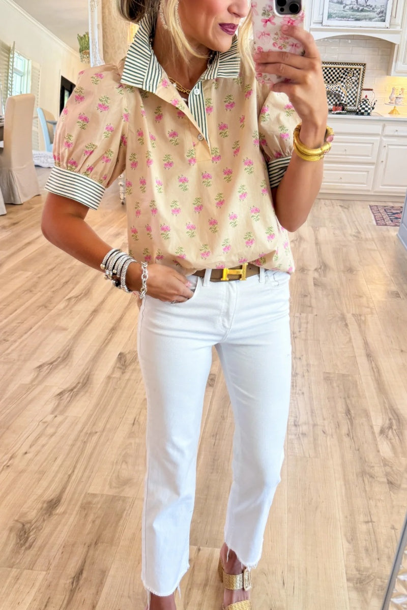 Ecru Floral Contrast Short Sleeve Top