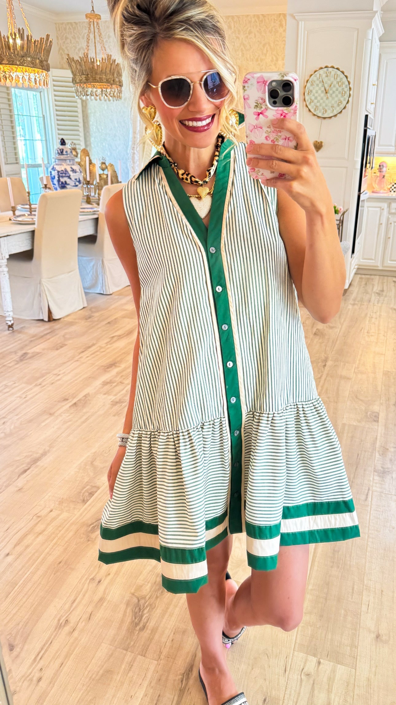Green Stripe Button Up Sleeveless Dress