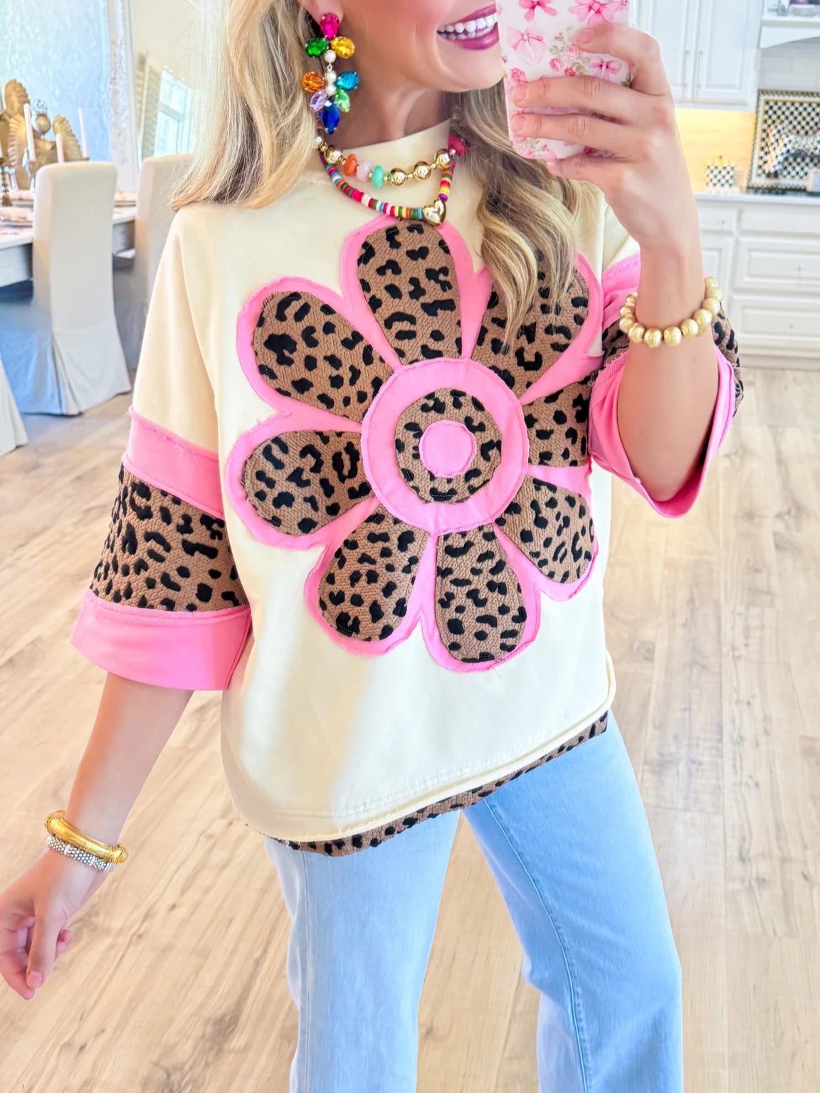 Ivory and Pink Leopard Flower Top