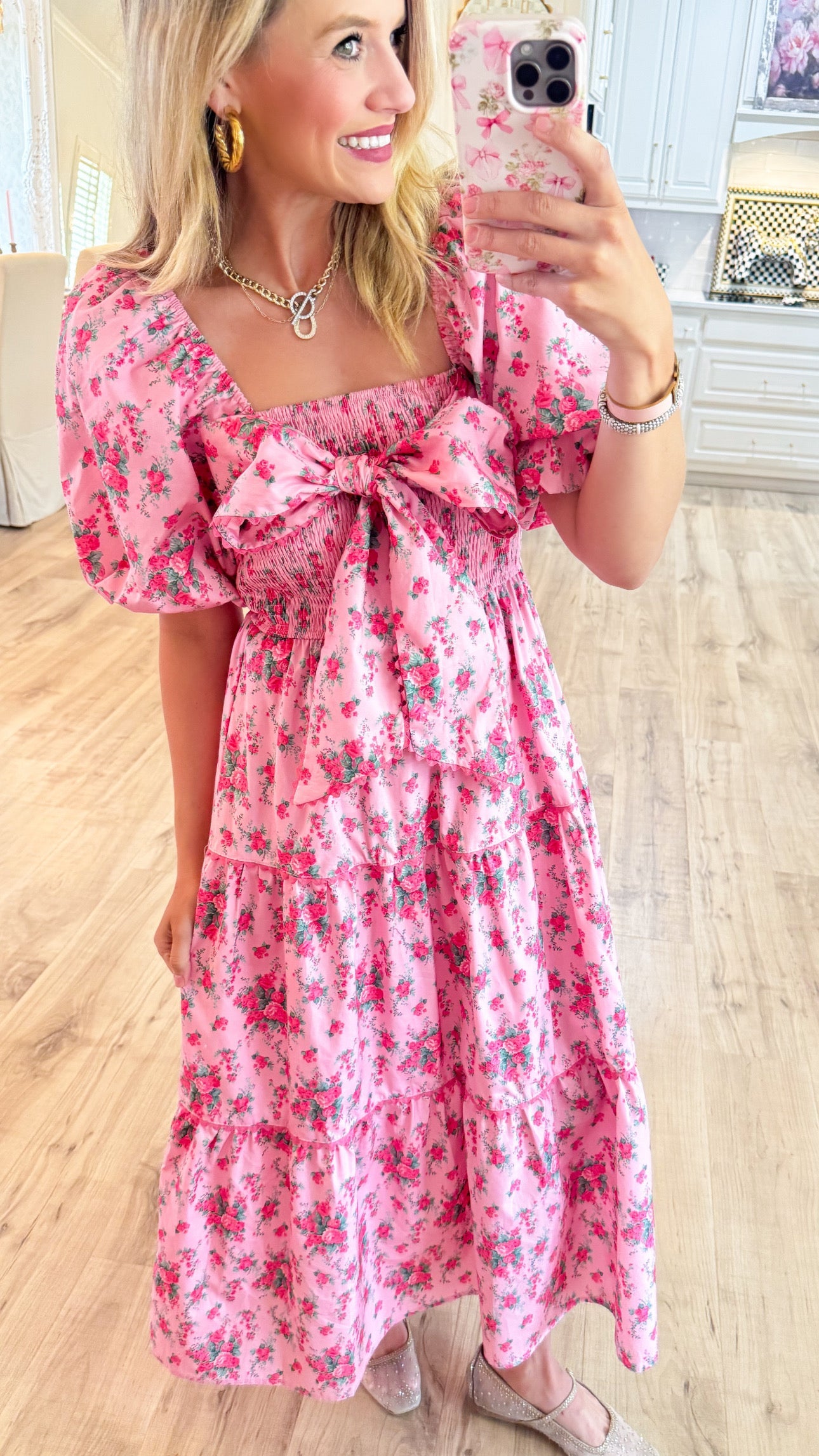 Pink Floral Printed Tiered Maxi Dress