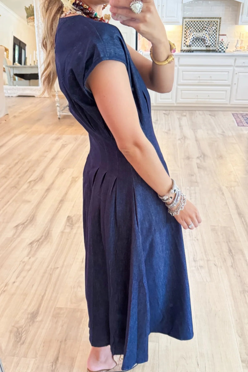 Denim Cap Sleeve Pleated Midi Dress