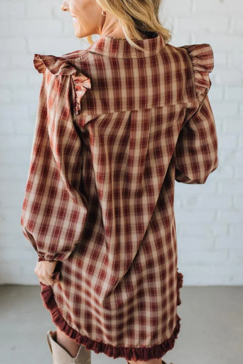 Jonnie Plaid Ruffled Accent Shirt Dress