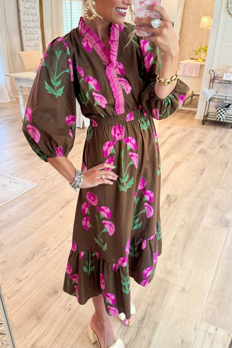 Brown Mix Floral Ruffle Trim Midi Dress