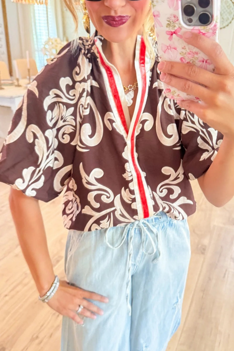 Brown Puff Sleeve Print Detail Top