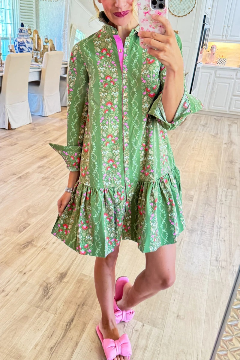 Green Floral Button Up Midi Dress