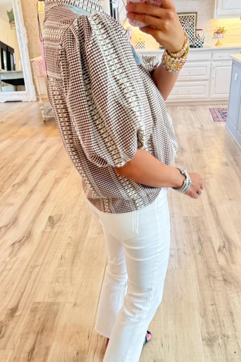 Brown Gingham Horse Embroidered Top