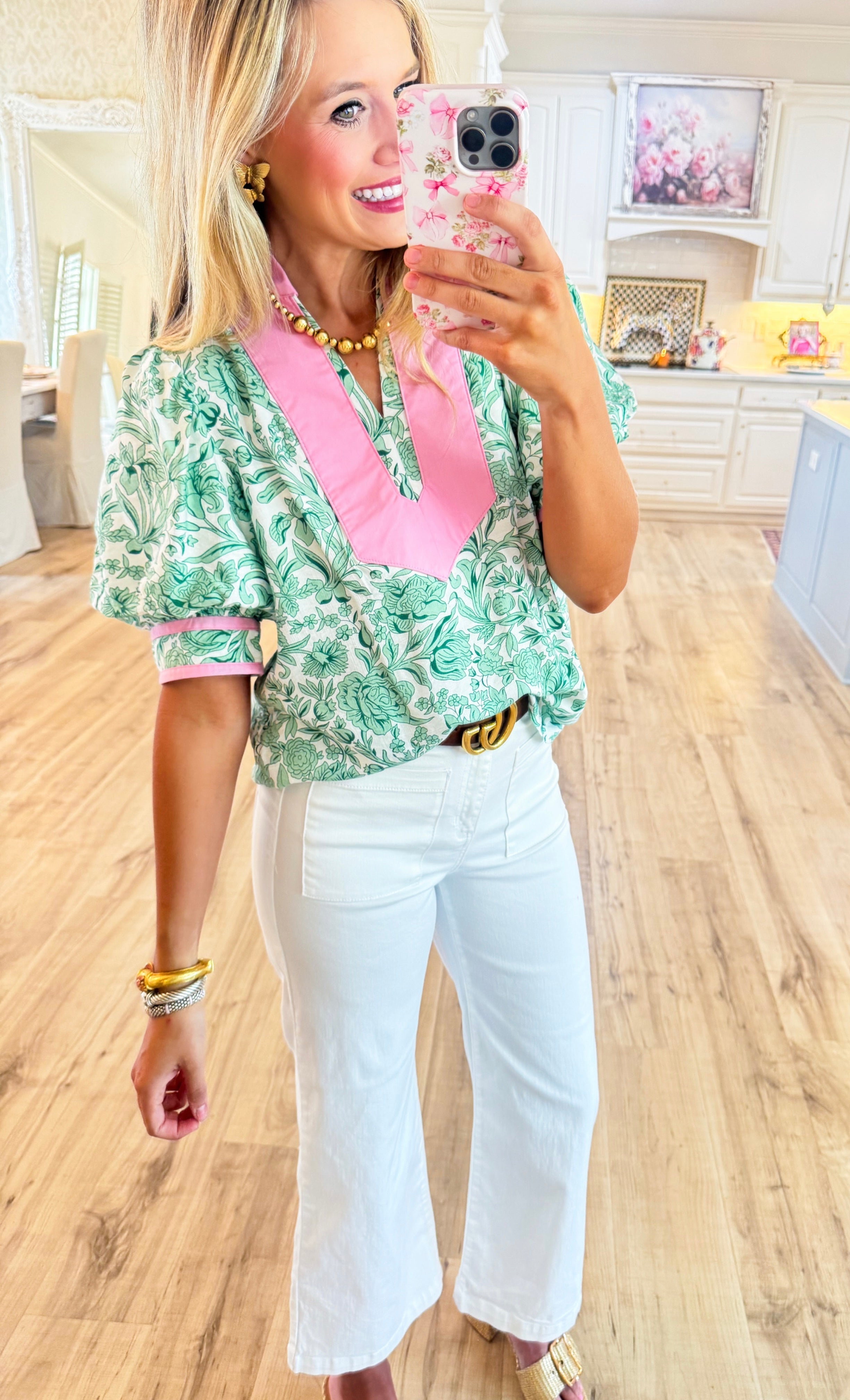 Green Floral Print Contrast Blouse