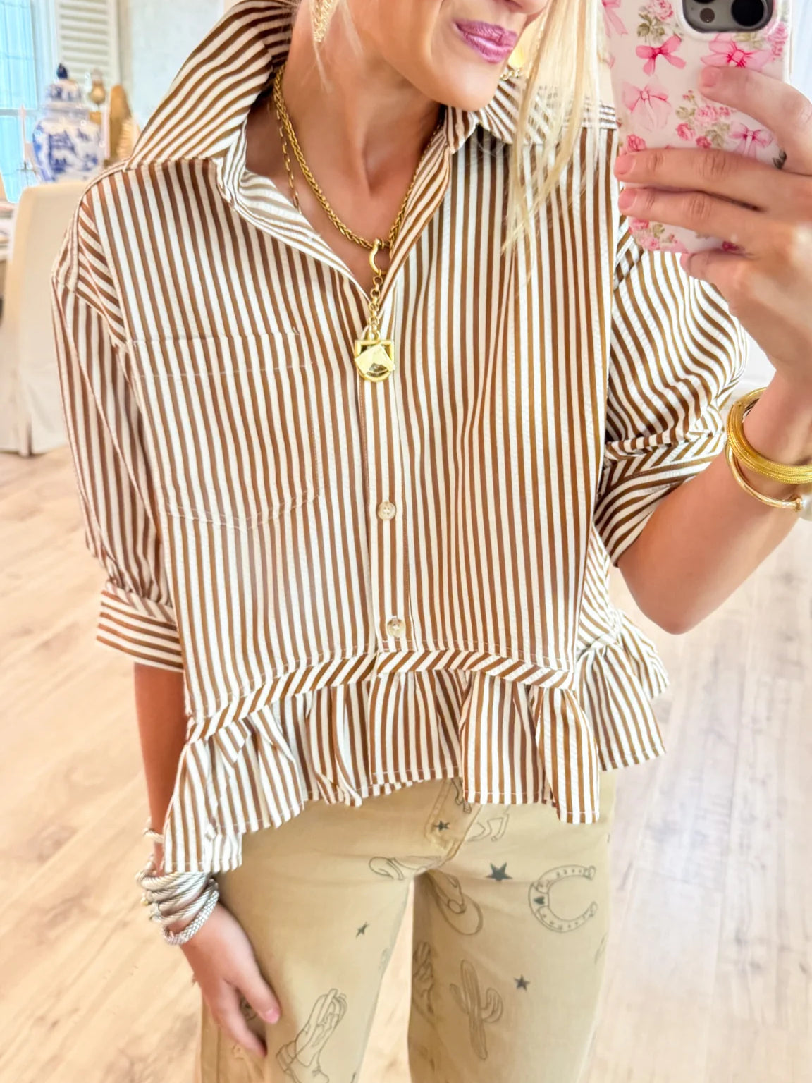 Brown Stripe Ruffle Hem Top