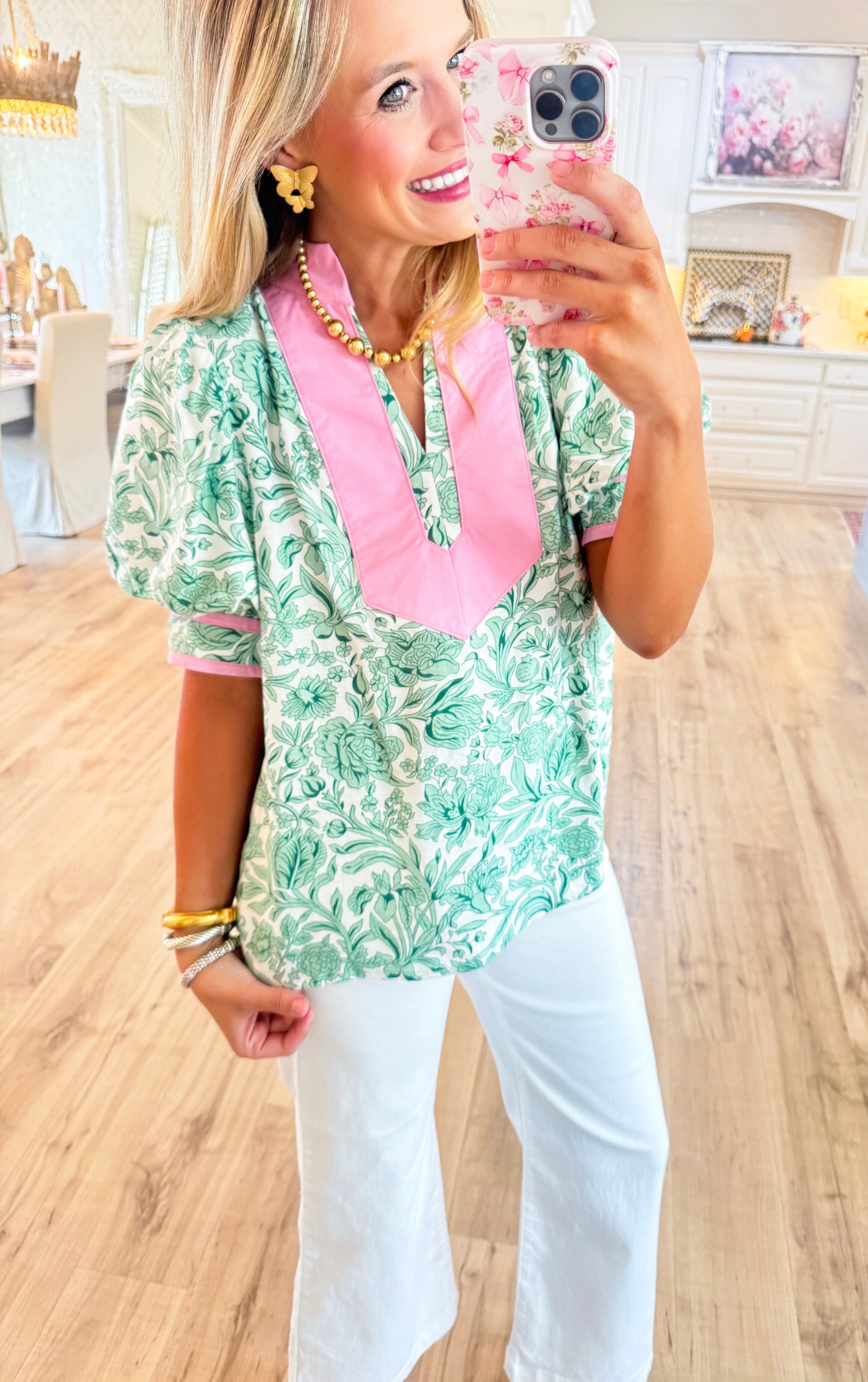 Green Floral Print Contrast Blouse