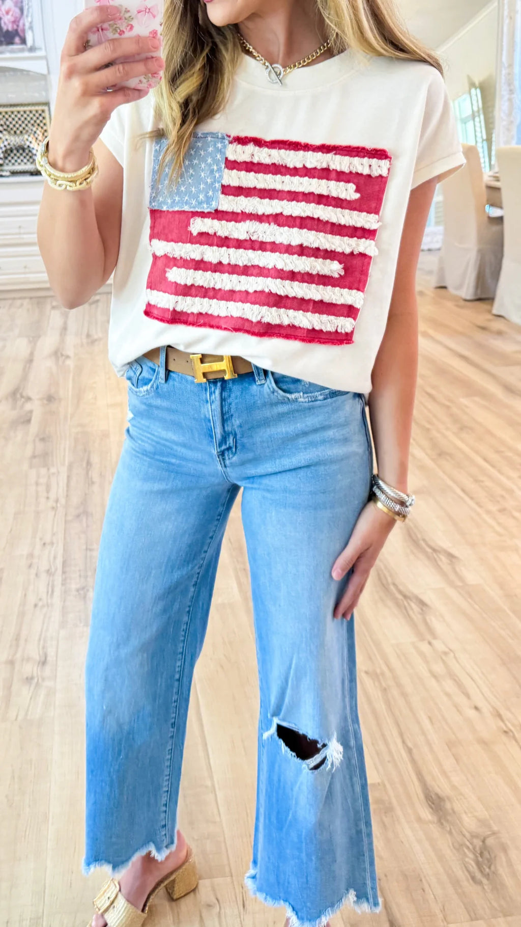 Cream American Flag Short Sleeve Top