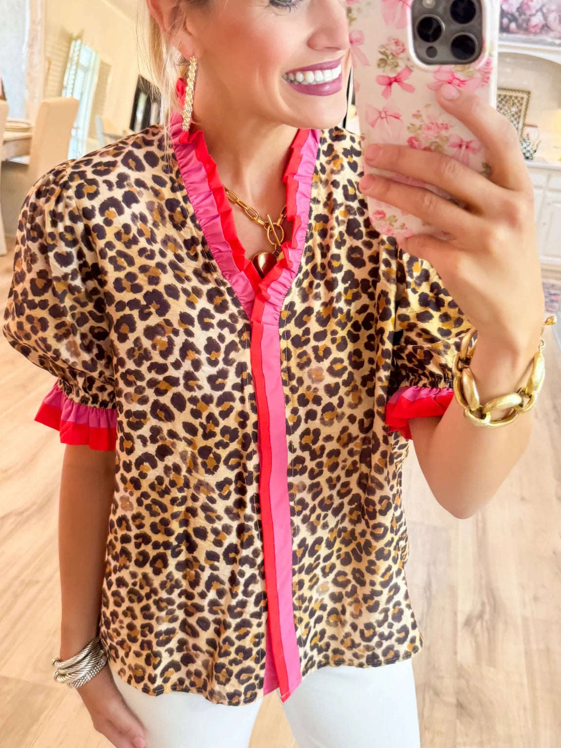 Leopard and Pink Contrast Trim Top