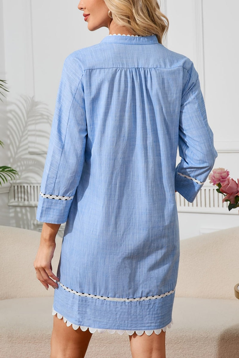 3/4 Sleeve Tie Casual Cotton and Linen Mini Dress