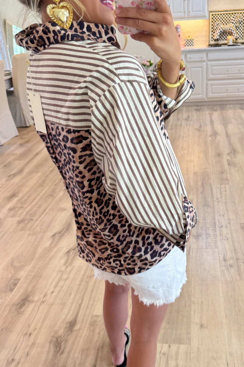 Brown Leopard Print Stripe Long Sleeve Top