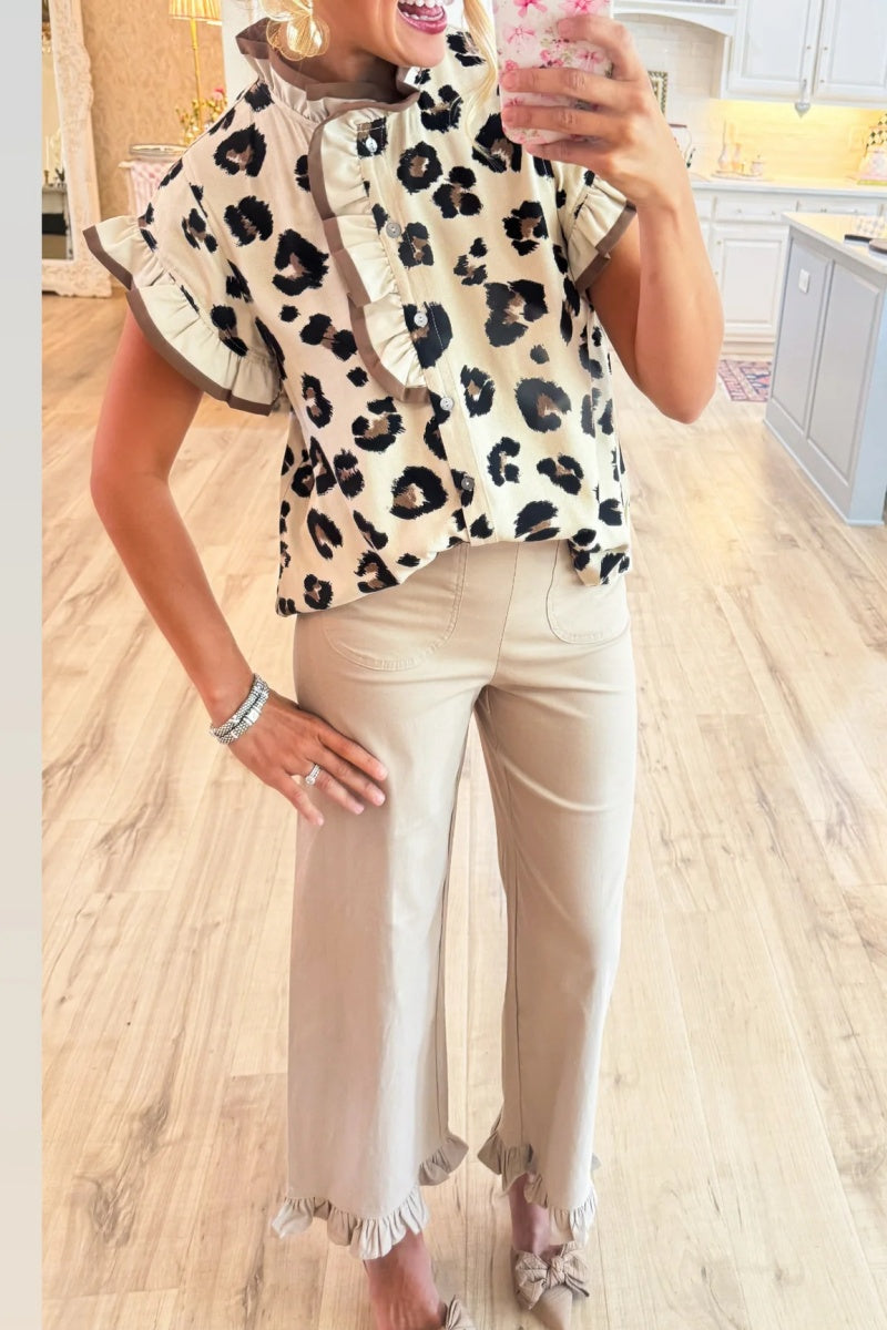 Off White Leopard Pattern Ruffle Neck Top