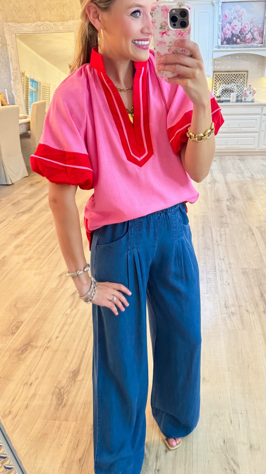 Pink and Red Contrast Puff Sleeve Top