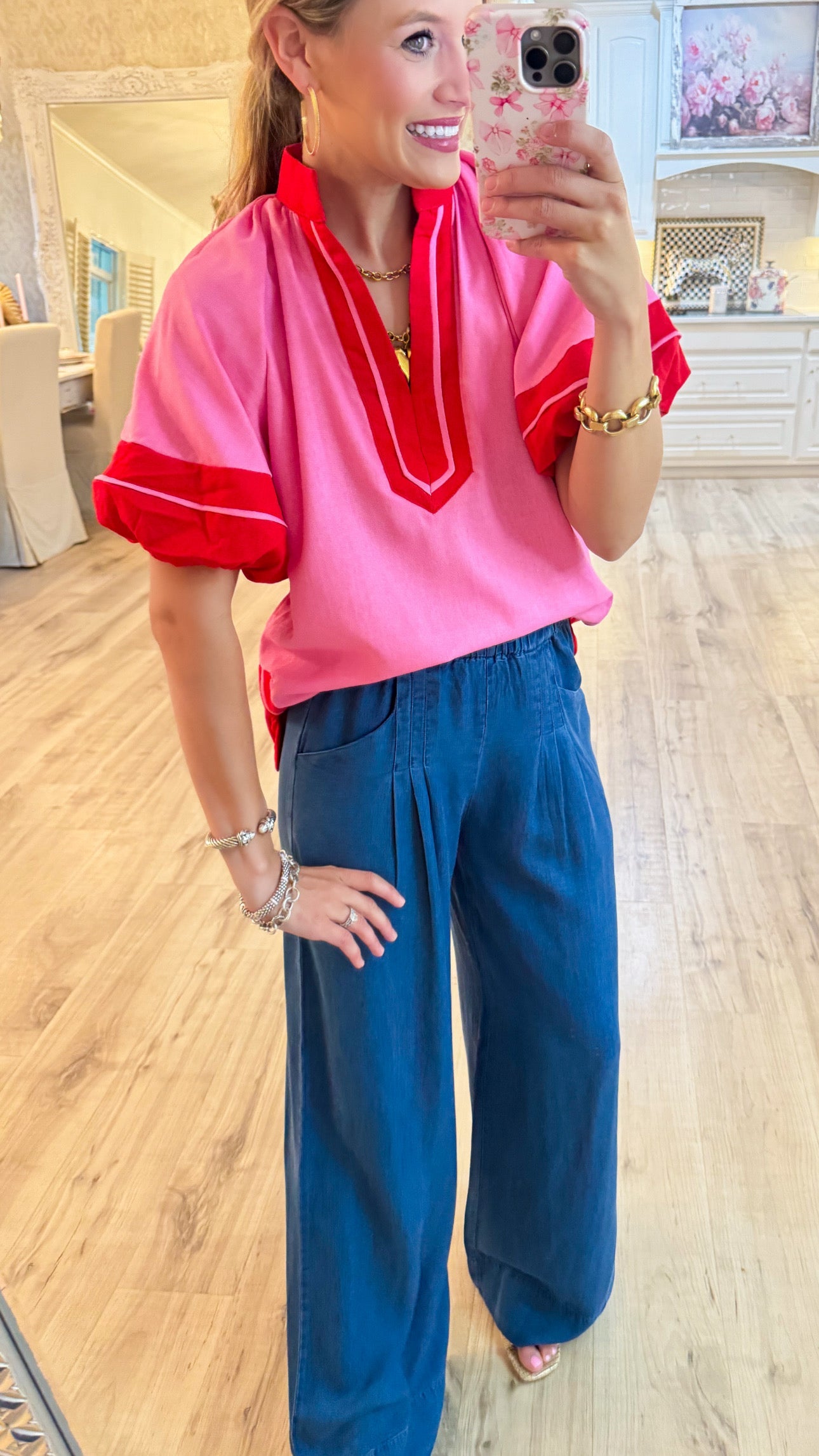 Pink and Red Contrast Puff Sleeve Top