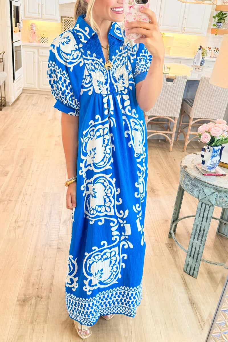 Blue Mixed Print Puff Sleeve Midi Dress