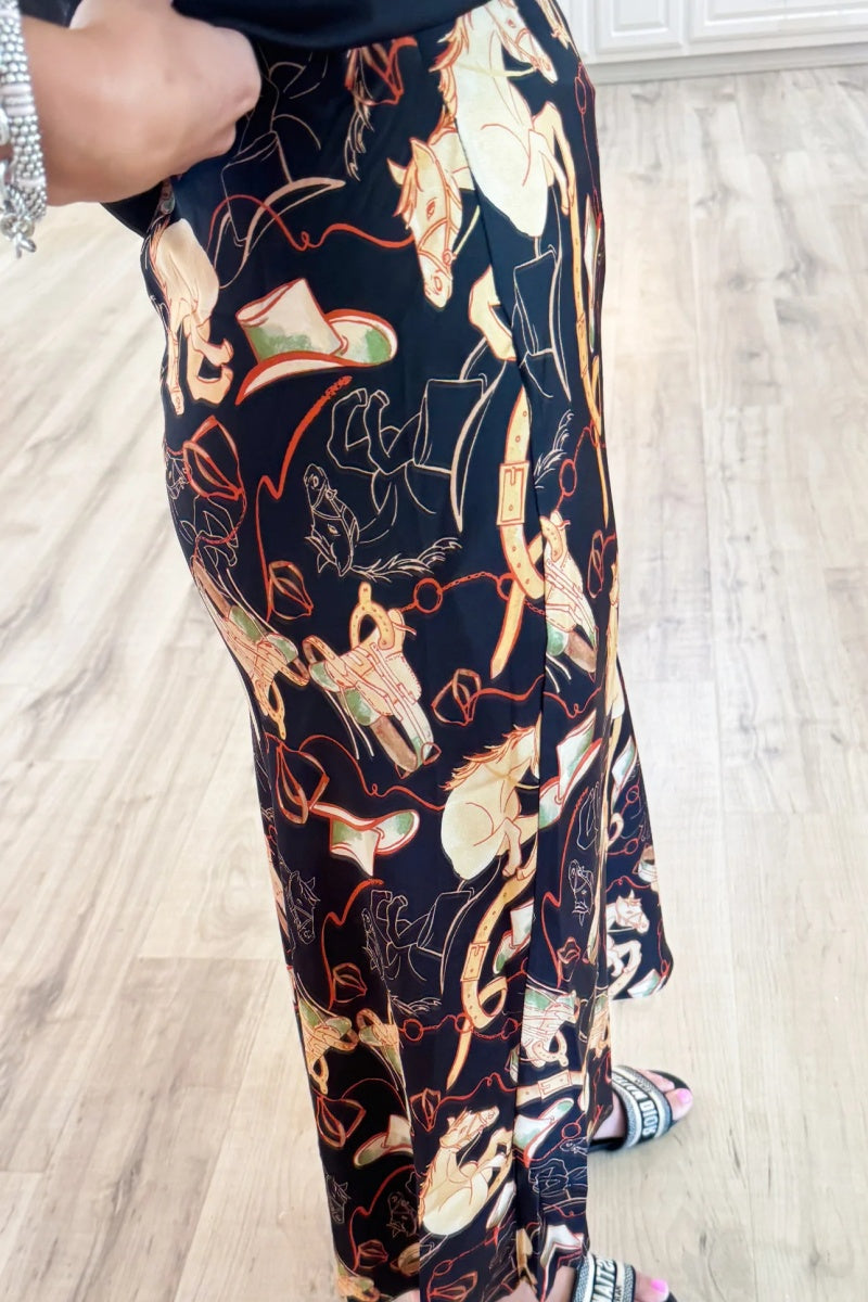 Black Horse Print Midi Slip Skirt