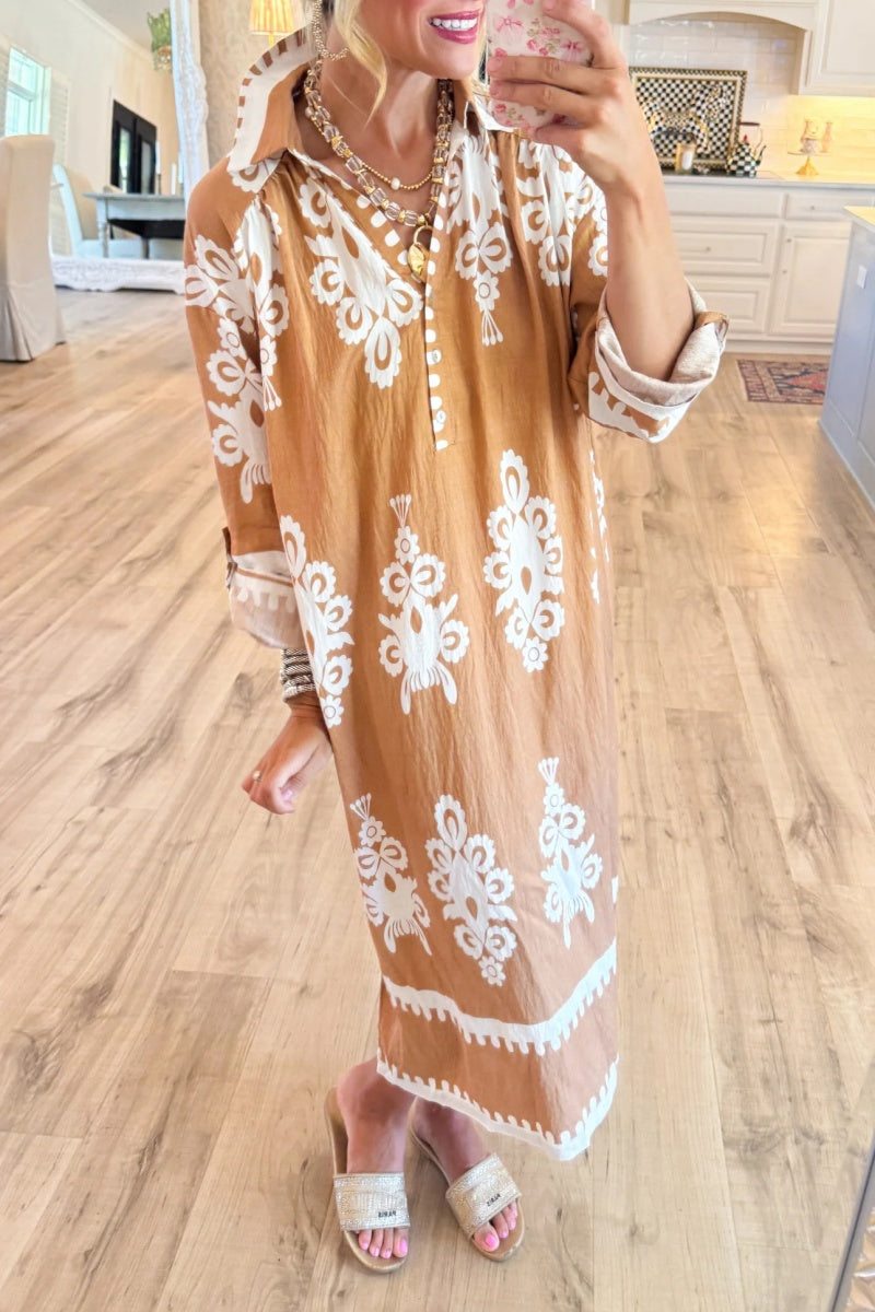 Mocha Abstract Print Midi Dress