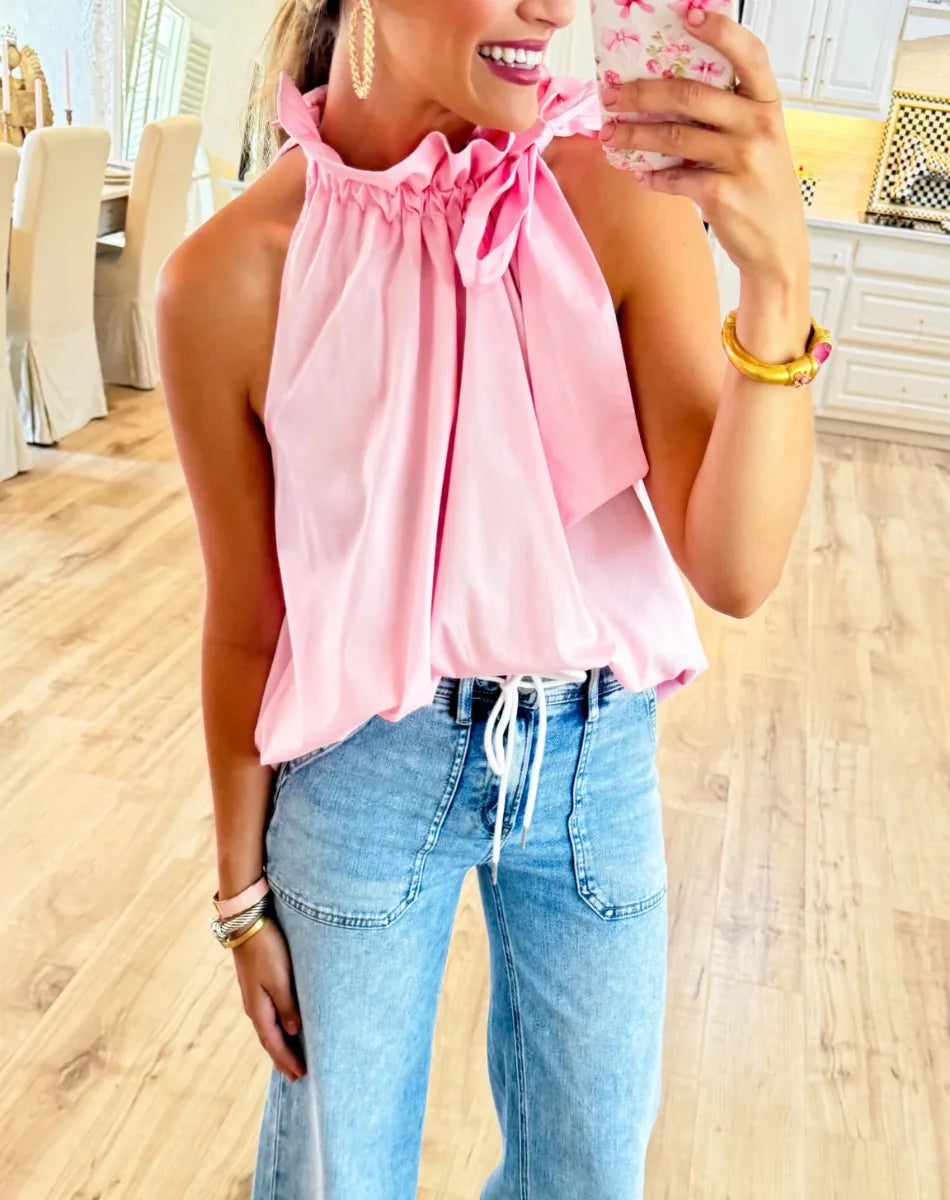 Ruffle Neck Tie Sleeveless Top