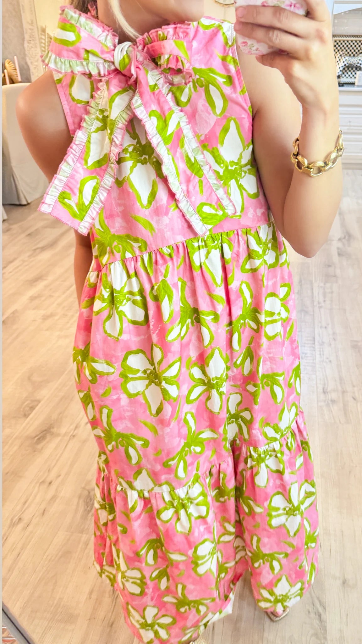 Pink Flower Print Midi Dress