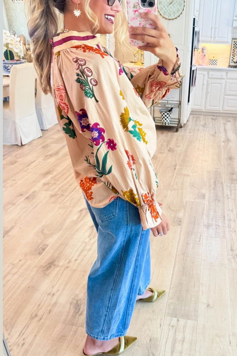 Tan Mix Floral V Neck Top