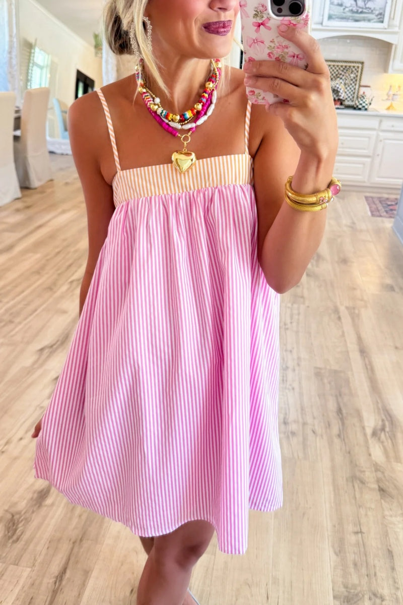 Pink and Orange Stripe Babydoll Dress