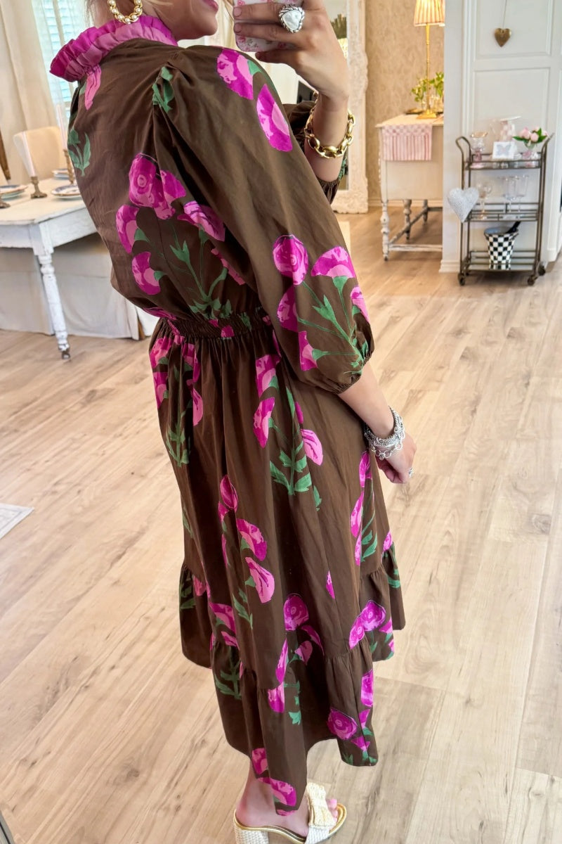 Brown Mix Floral Ruffle Trim Midi Dress