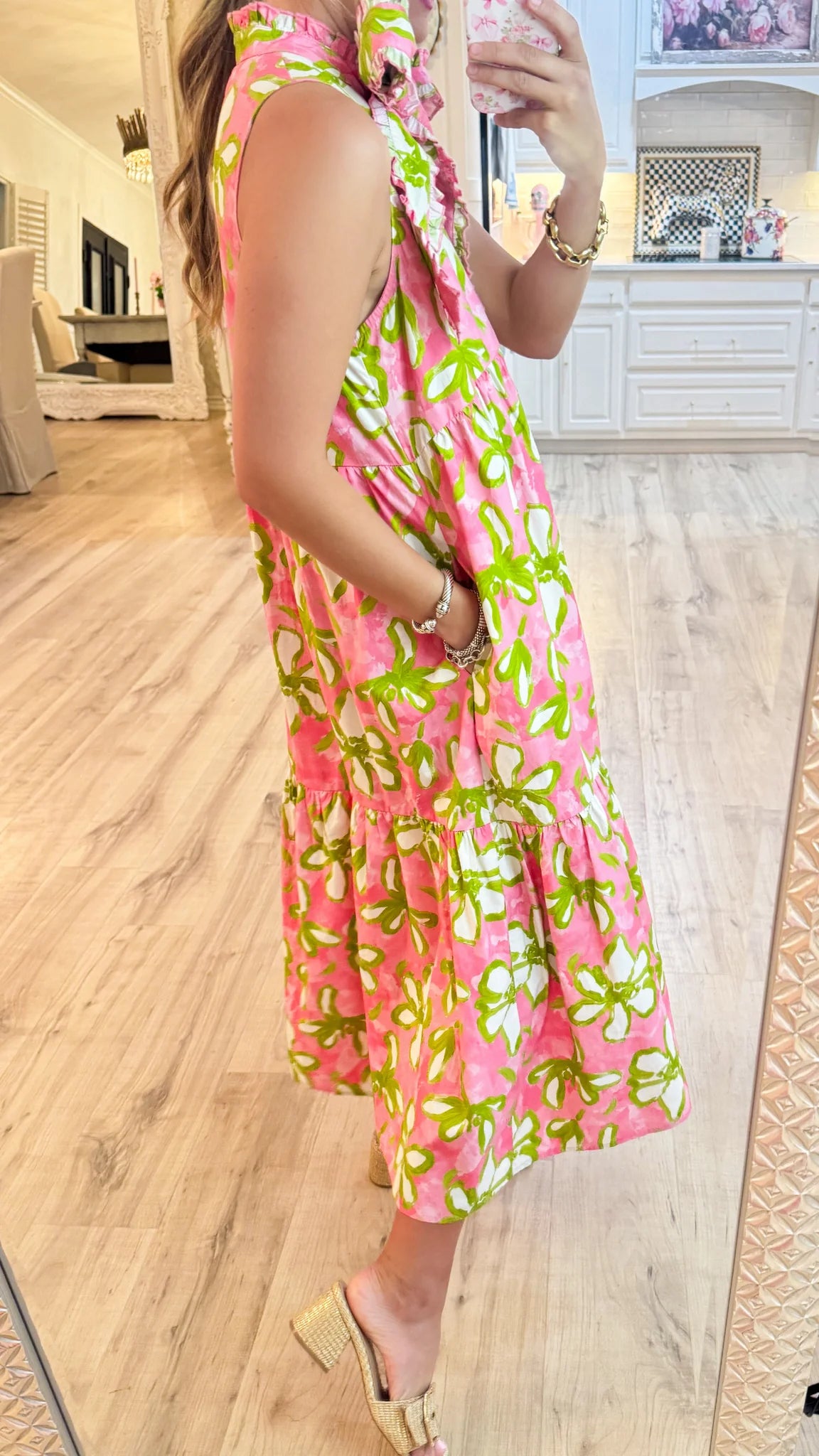 Pink Flower Print Midi Dress