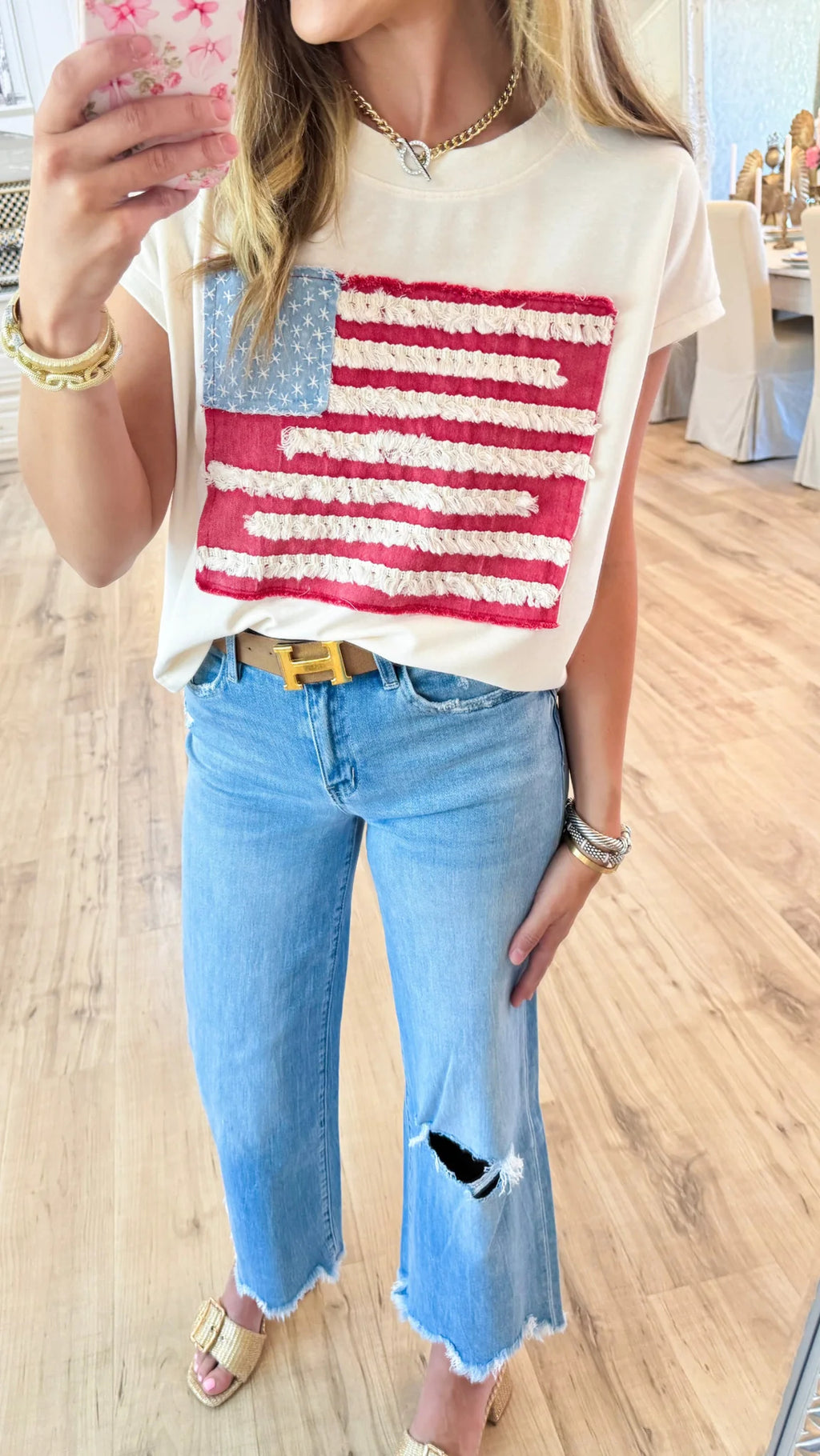 Cream American Flag Short Sleeve Top