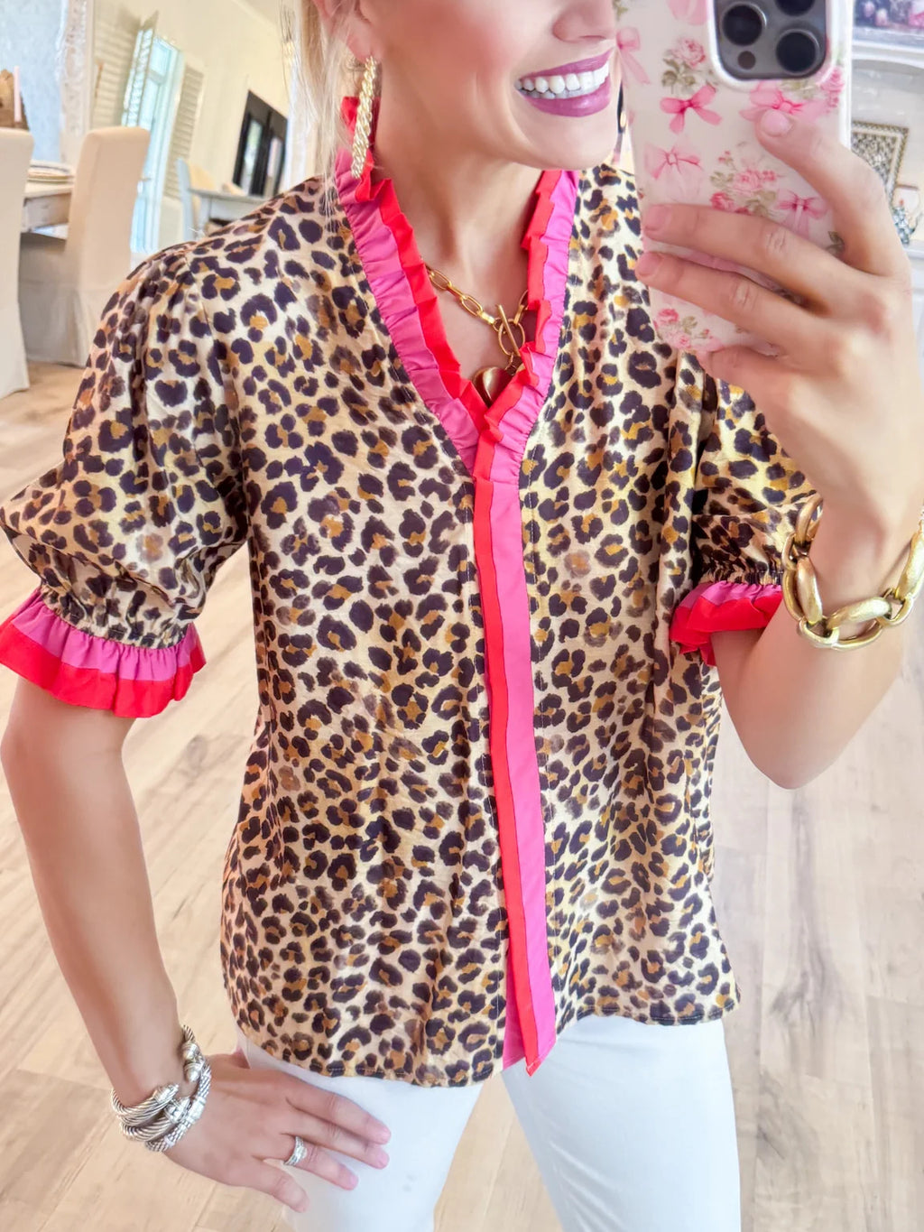 Leopard and Pink Contrast Trim Top