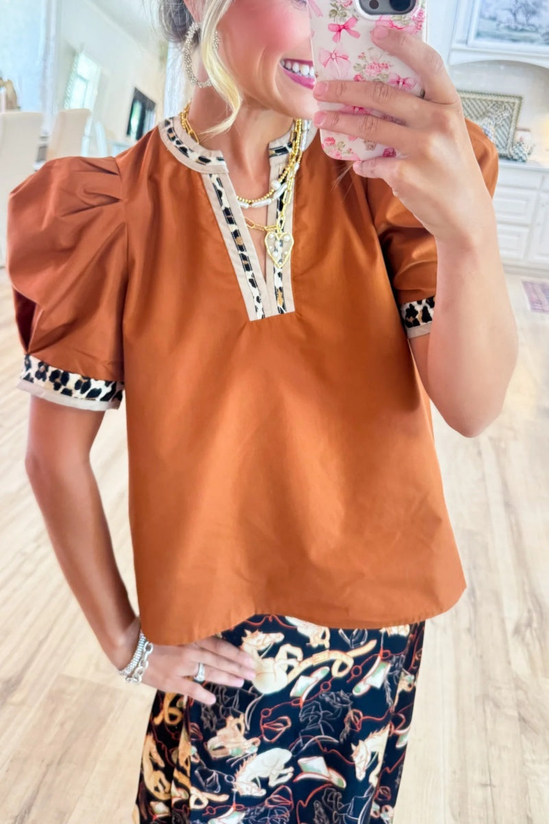 Leopard Contrast Puff Sleeve Top