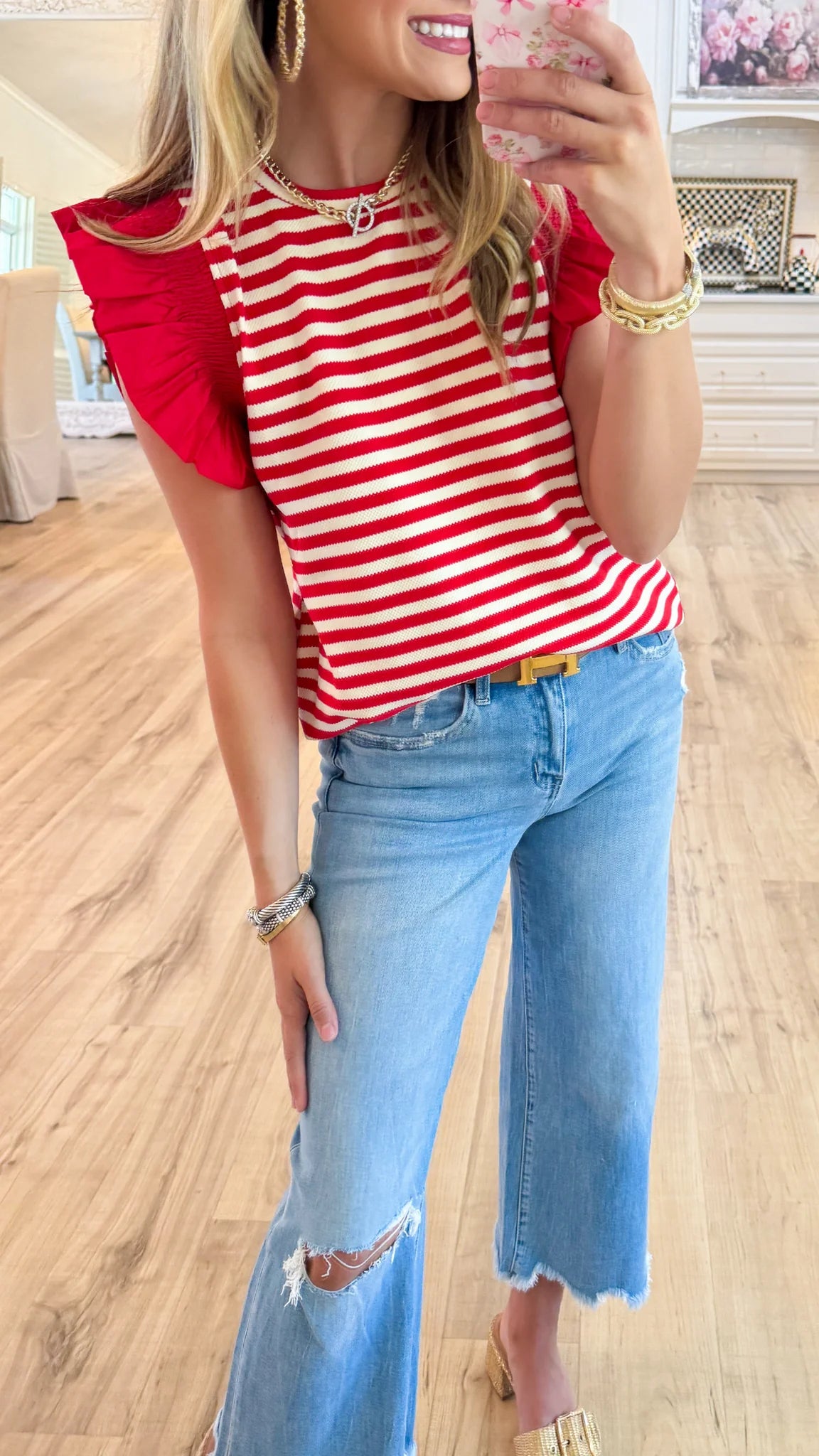 Red Stripe Ruffle Sleeve Top
