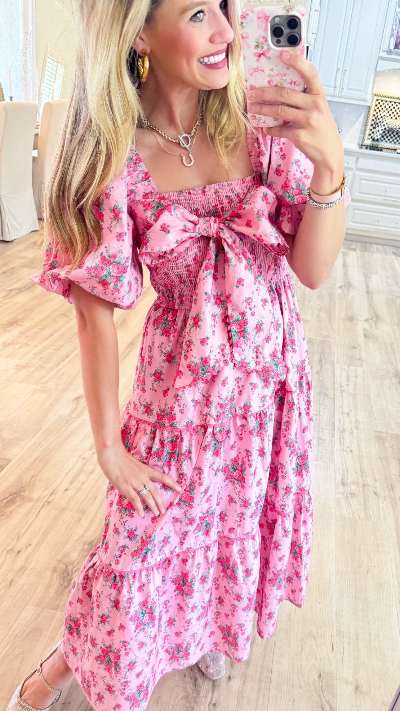 Pink Floral Printed Tiered Maxi Dress