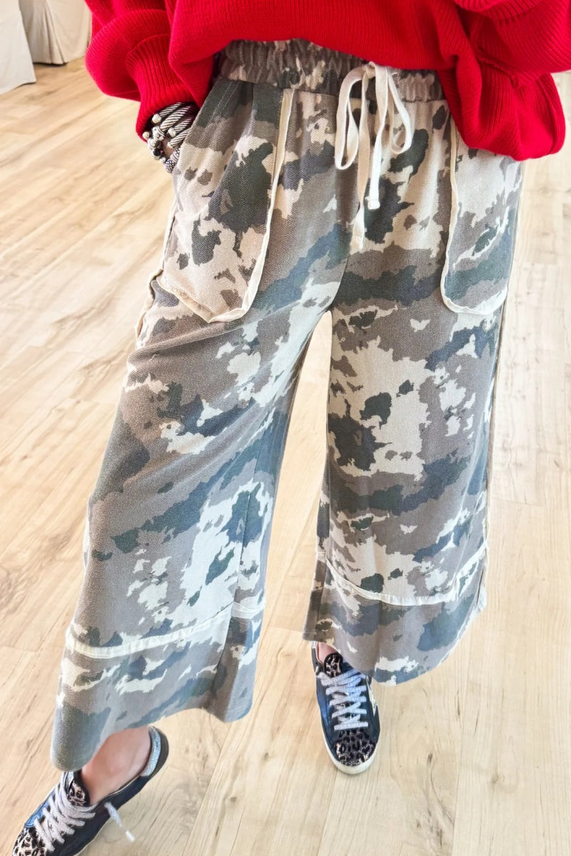 Faded Olive Washed Terry Camo Pants