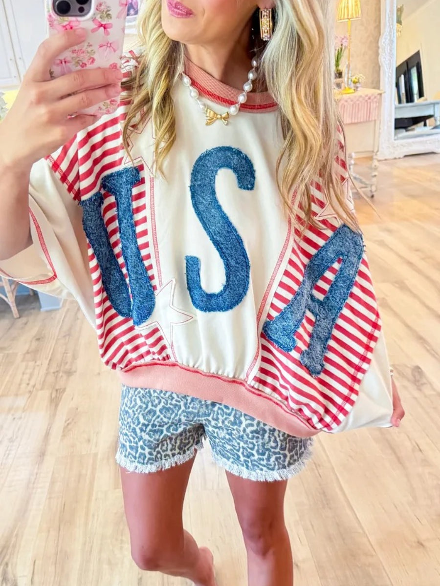 Oatmeal Red & Rose Washed Denim USA Patchwork Top