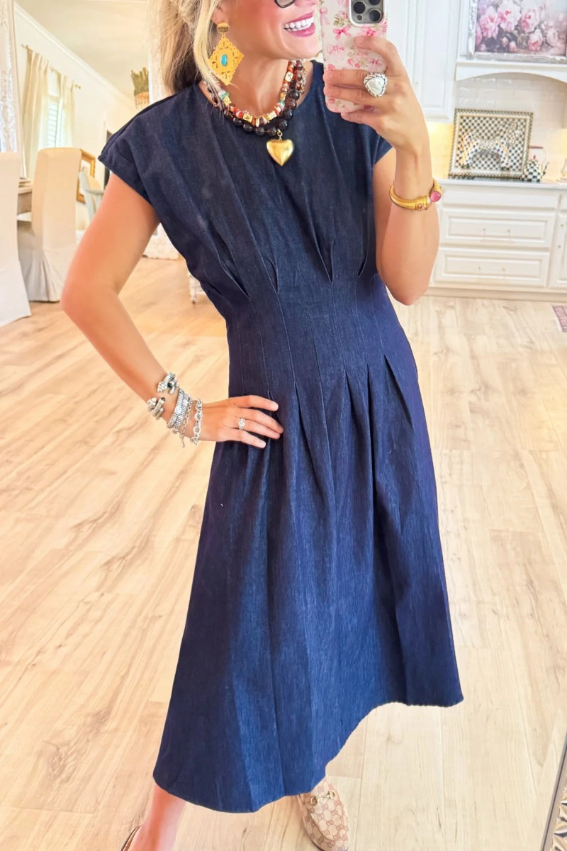 Denim Cap Sleeve Pleated Midi Dress