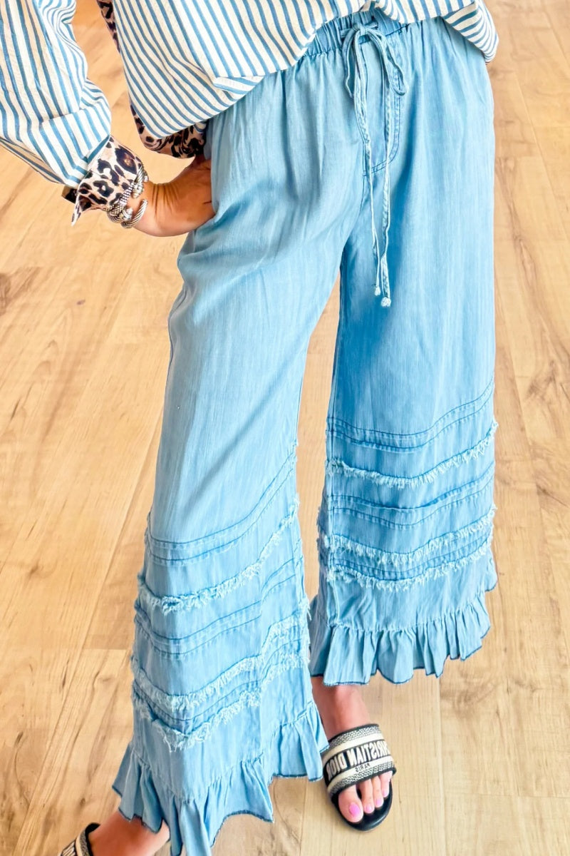 Light Denim Ruffle Hem Pants