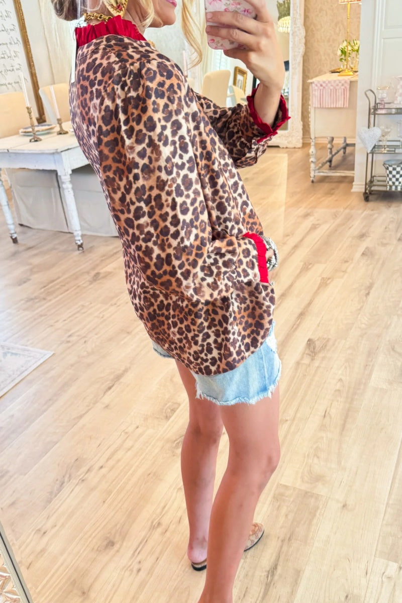 Leopard and Red Contrast Button Up Top