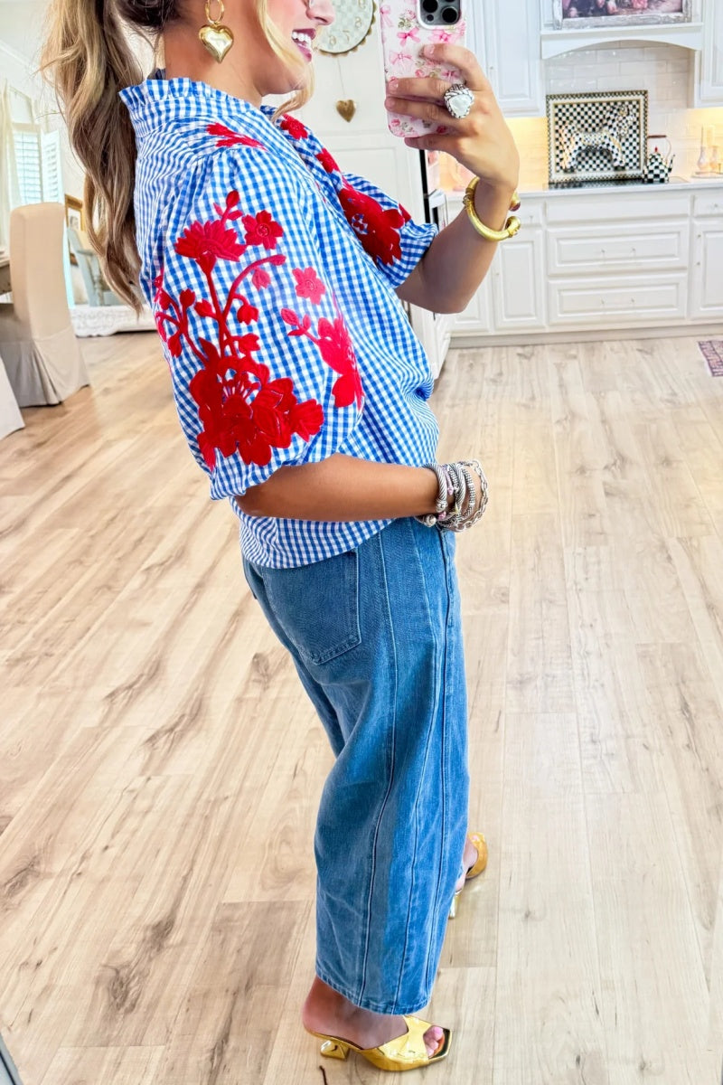 Blue Gingham Red Embroidered Puff Sleeve Top