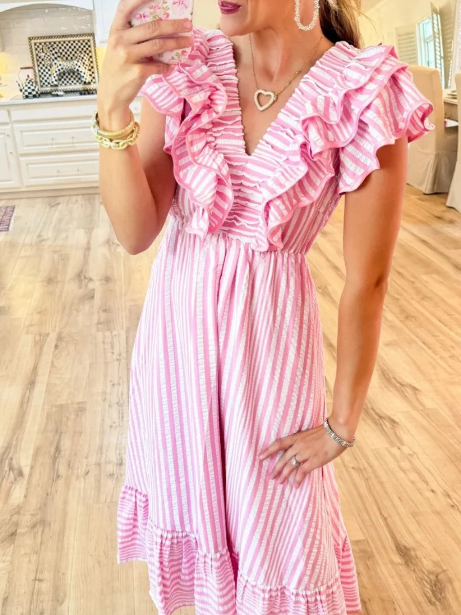 Pink Striped Ruffle Maxi Dress