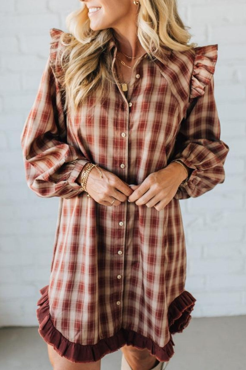 Jonnie Plaid Ruffled Accent Shirt Dress