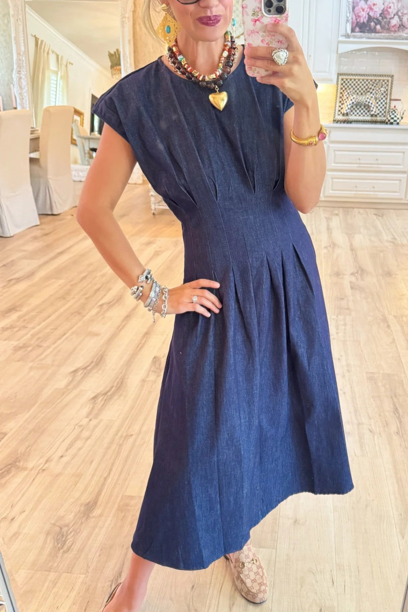 Denim Cap Sleeve Pleated Midi Dress