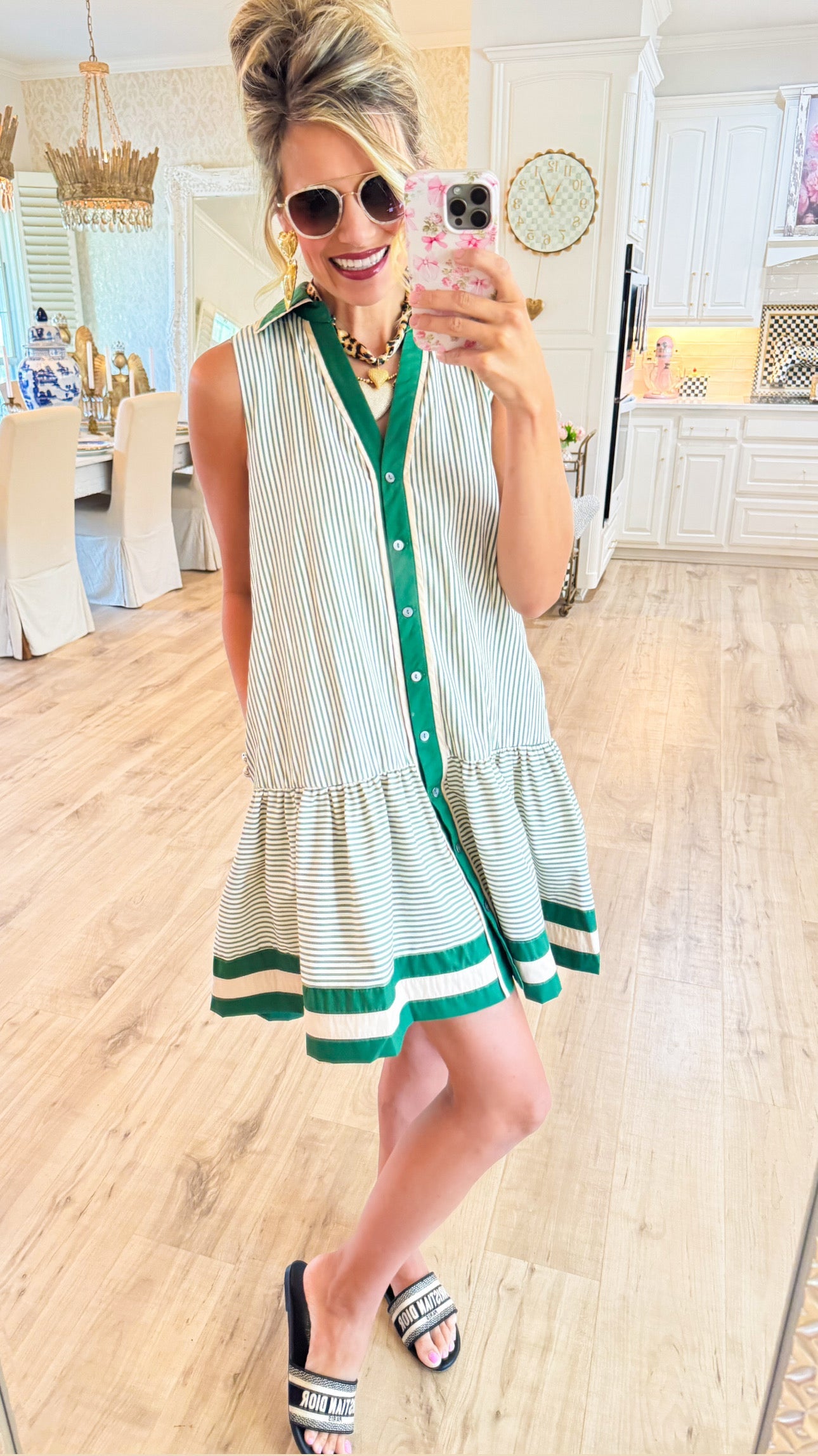 Green Stripe Button Up Sleeveless Dress