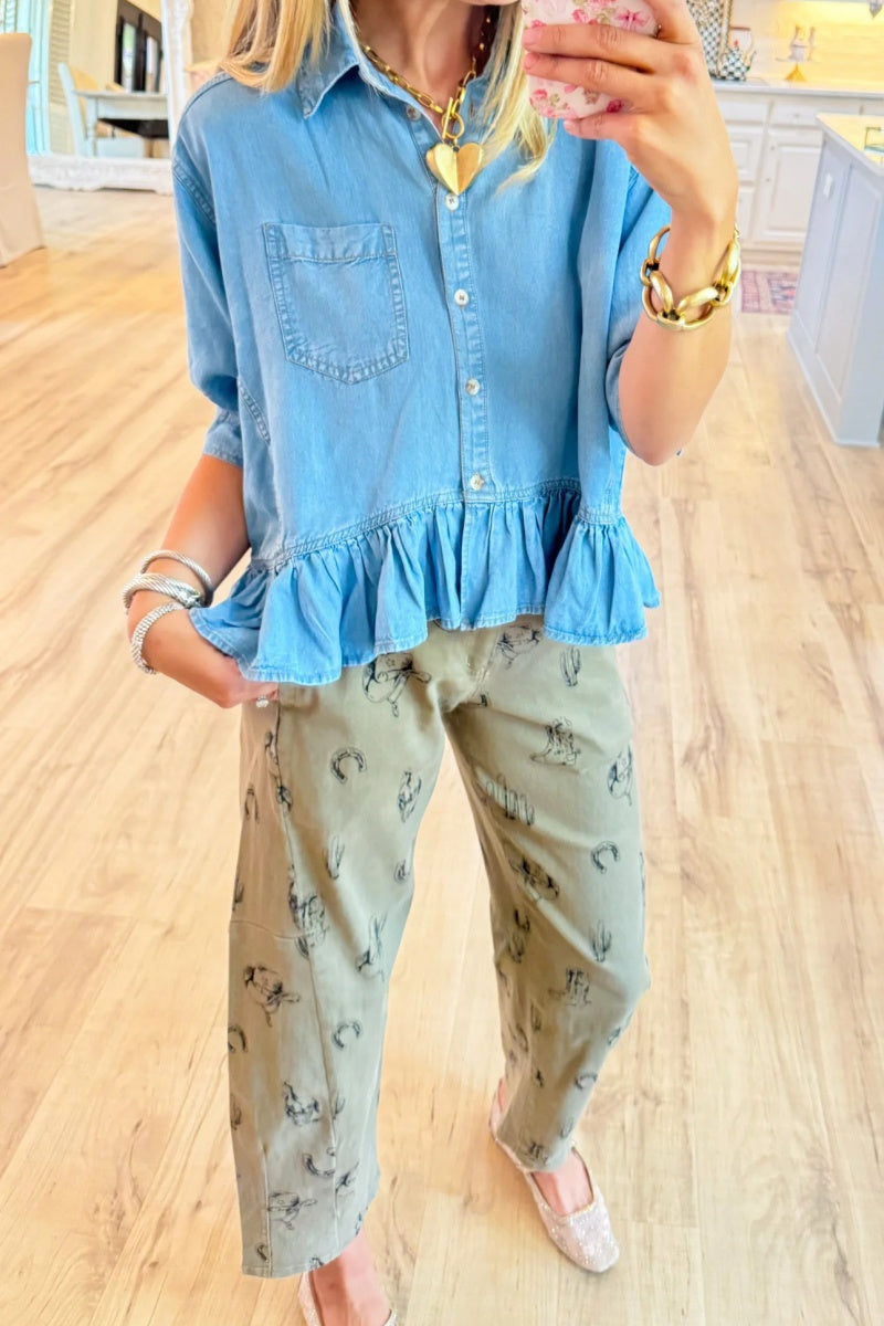 Khaki Cowboy Printed Barrel Jeans