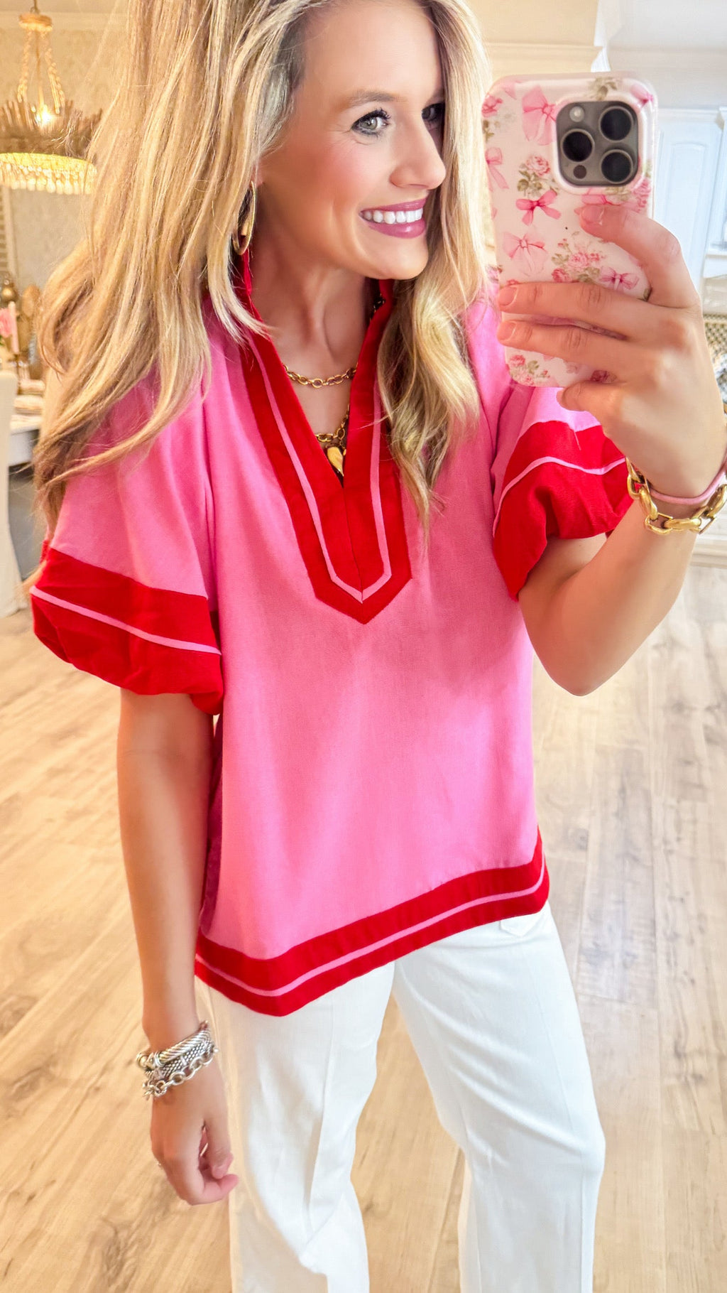 Pink and Red Contrast Puff Sleeve Top