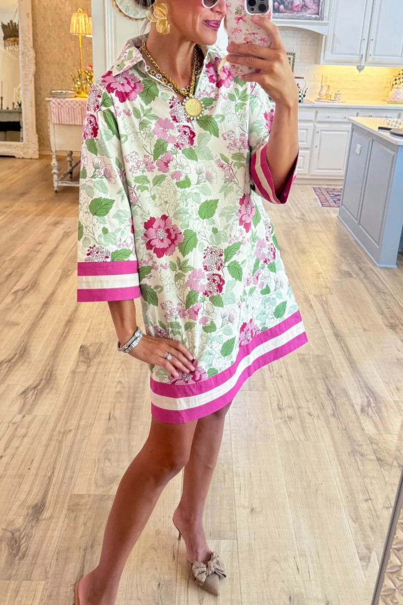 Cream and Pink Floral Collar Mini Dress