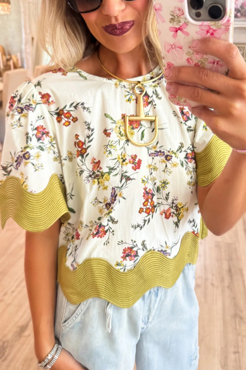 Ecru Floral Print Oversized Trim Top